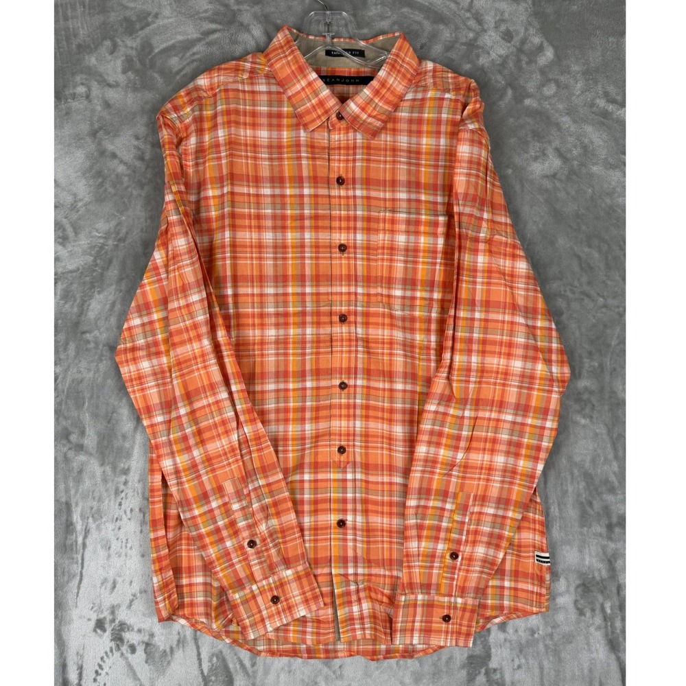 Sean John Plaid Button Down Shirt Orange White Yellow Mens 2XL Tailored Fit